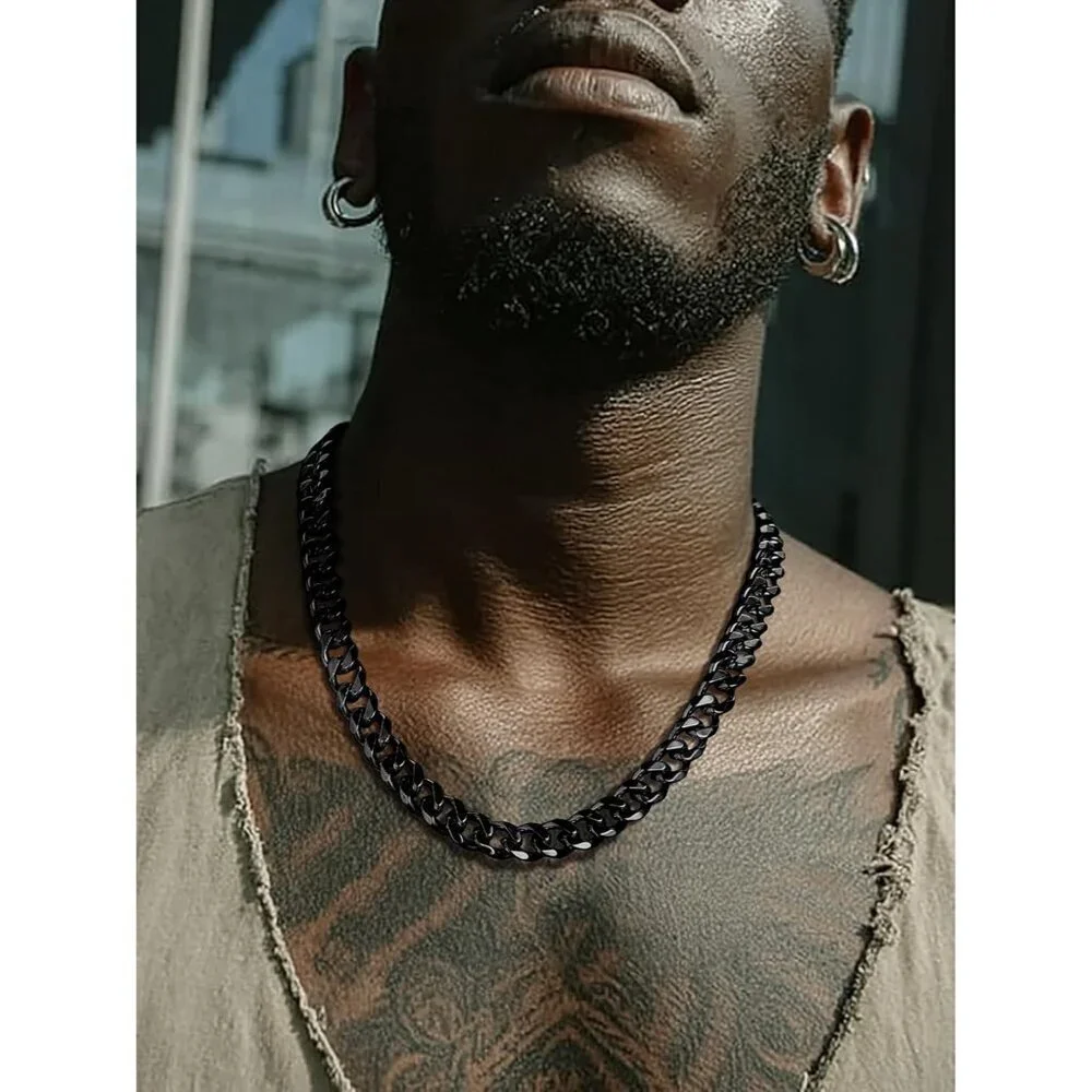 Men's 12MM Width-Black Stainless Steel Miami Cuban Curb Link Chain Necklace